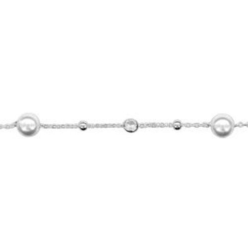 Bracelet Argent Rhodié Petites Boules 2 Perles Blanches Et Oxydes Blancs Sertis Clos 16+3cm
