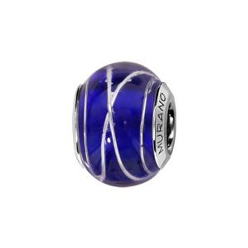 Thabora Charms Coulissant Argent Rhodié Verre De Murano Bleu Foncé Filet Argent
