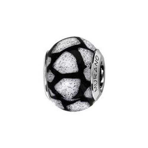 Thabora Charms Coulissant Argent Rhodié Verre De Murano Fond Blanc Pailleté Motifs Noirs