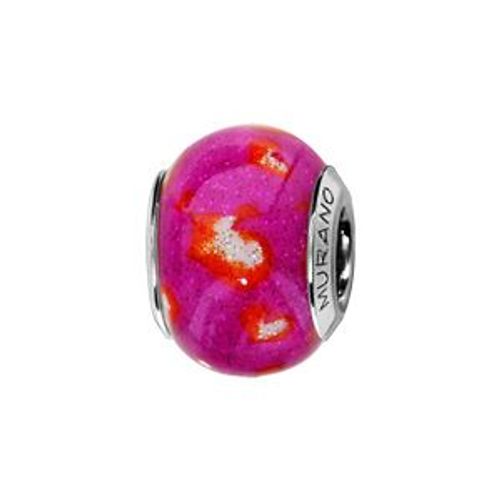 Thabora Charms Coulissant Argent Rhodié Verre De Murano Rose Motif Coeur