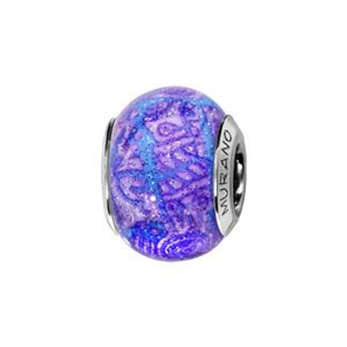 Thabora Charms Coulissant Argent Rhodié Verre De Murano Violet Motifs Fond Pailleté