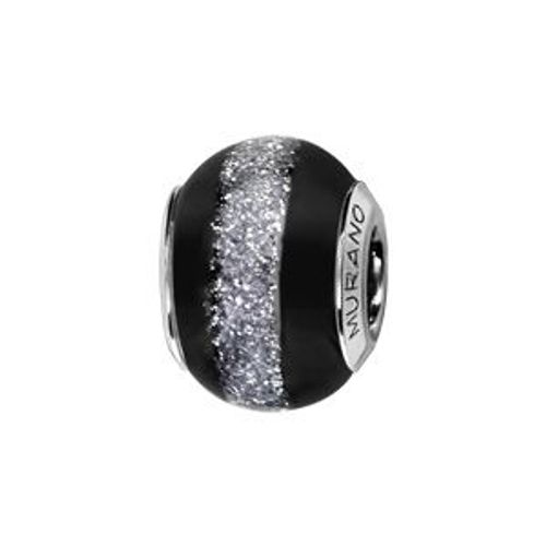 Thabora Charms Coulissant Argent Rhodié Verre De Murano Noire Bande Pailletée Grise