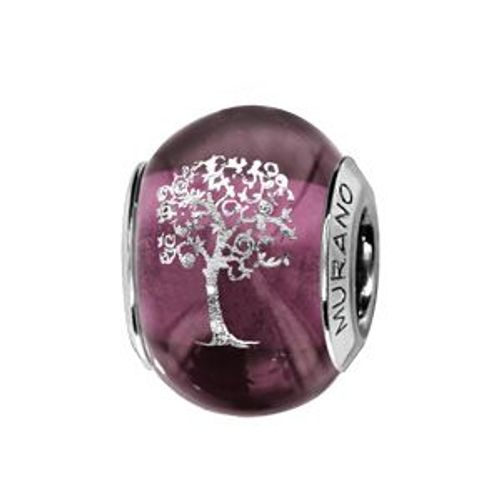 Thabora Charms Coulissant Argent Rhodié Verre De Murano Violet Symbole Arbre De Vie