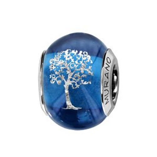 Thabora Charms Coulissant Argent Rhodié Verre De Murano Bleu Symbole Arbre De Vie