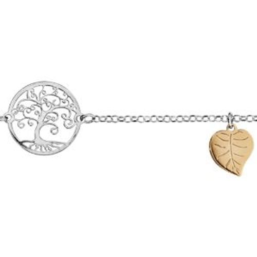 Bracelet Argent Rhodié Arbre De Vie Et 2 Feuilles Dorure Jaune 16+3cm