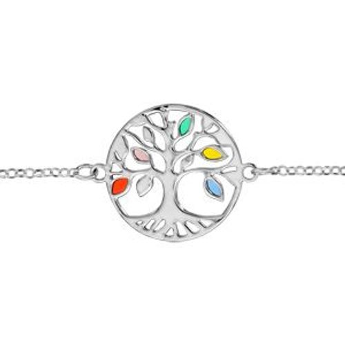 Bracelet Argent Rhodié Arbre De Vie Résine Multi Couleurs 16+3cm