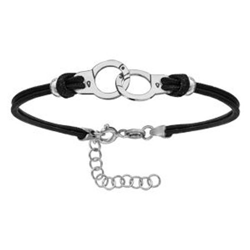 Bracelet Argent Rhodié Cordon Fin Noir Interchangeable Motif Menottes 16+4cm