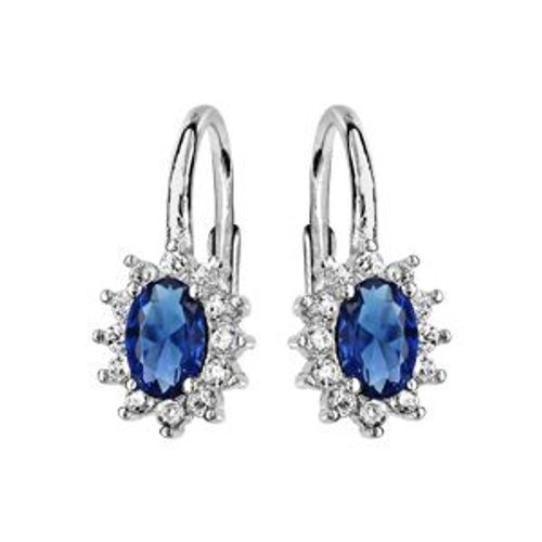 Boucles D'oreilles Argent Rhodié Dormeuse Au Centre Perle Bleue Et Contour Oxydes Blancs Sertis