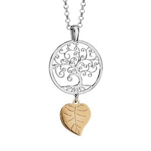 Collier Argent Rhodié Arbre De Vie Et Feuille Dorure Jaune 42+3cm