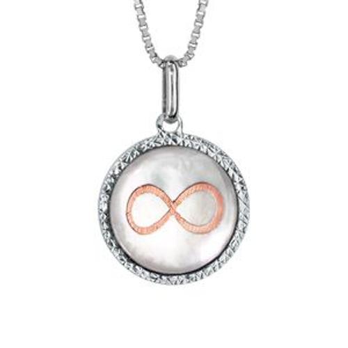 Collier Argent Rhodié Pendentif Rond 14mm Nacre Rose Motif Infini Metal Rose 42+3cm