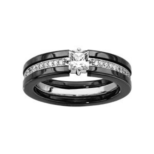 Bague Céramique Noire 1 Rail Central Oxydes Blancs Sertis Et 1 Oxyde Carre Blanc Serti