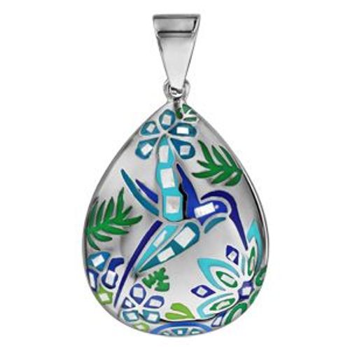 Pendentif Acier Et Nacre Stella Mia Forme Ovale Colibri Bleu Vert