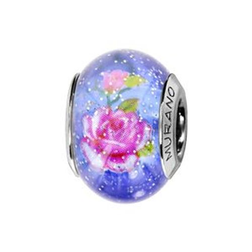 Thabora Charms Coulissant Argent Rhodié Murano Bleu Pailleté Fleurs