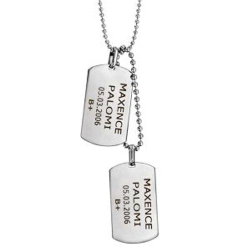 Collier Acier Chaîne Boules 2 Plaques Rectangulaires 50+10cm