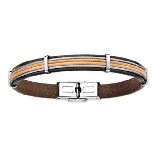 Bracelet Acier Et Cuir Bovin Marron Avec 2 Câbles Gris 20cm