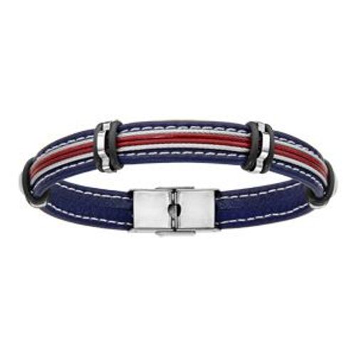 Bracelet Acier Et Cuir Bovin Bleu Et Rouge 2 Câbles Gris 20cm