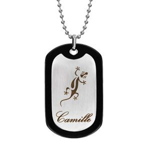 Collier Acier Chaîne Boules Plaque Gi 52x32mm Contour Caoutchouc Noir 50+10cm