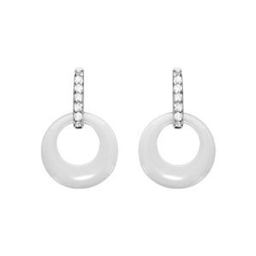 Boucles D'oreilles Tige Argent Rhodié Cercle Céramique Blanche Barette Oxydes Sertis