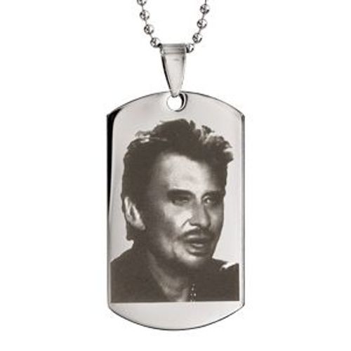 Collier Acier Chaîne Boules Grande Plaque Rectangulaire 25x45mm Gravure Portrait Johnny 50+10cm