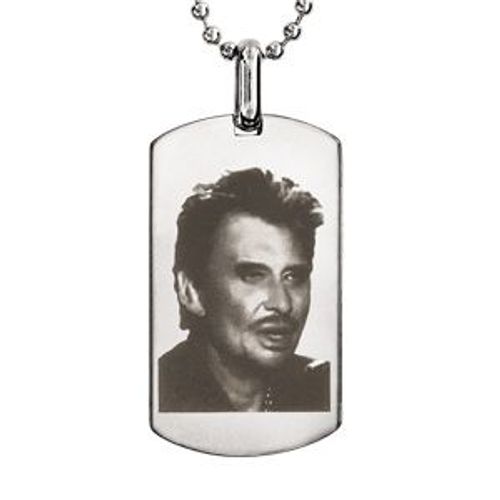 Collier Acier Chaîne Boules Petite Plaque Rectangulaire 35x20mm Gravure Portrait Johnny 50+10cm