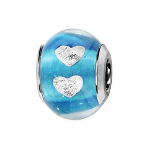 Thabora Charms Coulissant Argent Rhodié Murano Bleu Clair Transparent Avec Coeur