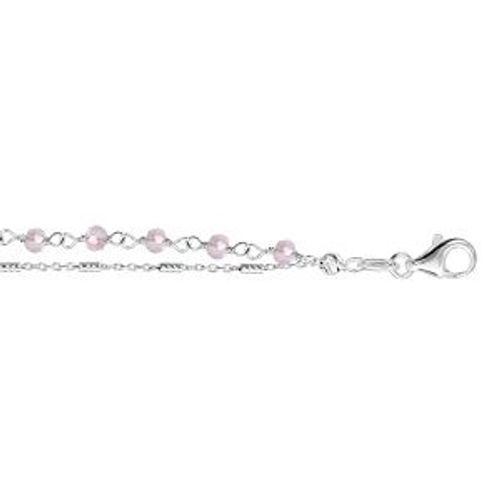 Bracelet Argent Rhodié Double Chaîne Perles Rose Clair 16+3cm