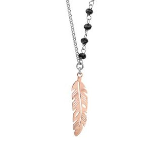 Collier Argent Rhodié Perles Noires Et 1 Plume Dorure Rose 62+3cm