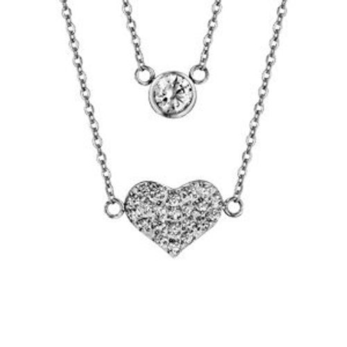 Collier Acier Double Chaîne 1 Oxyde Blanc Serti Clos 1 Coeur Oxydes Blancs Sertis 42+3cm