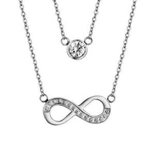 Collier Acier Double Chaîne 1 Oxyde Blanc Serti Clos 1 Motif Infini Oxydes Blancs Sertis 42+3cm
