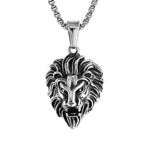 Collier Acier Pendentif Tête De Lion Patiné 55cm