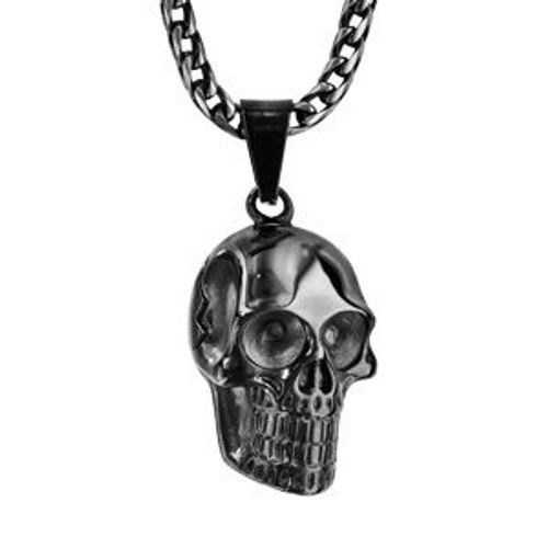 Collier Acier Pendentif Tête De Mort Pvd Noir 50+5cm