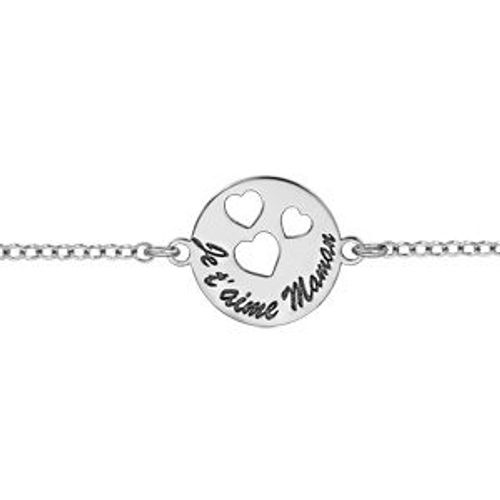 Bracelet Argent Rhodié Rondelle "Je T'aime Maman" 3 Coeurs Évidés 16+3cm
