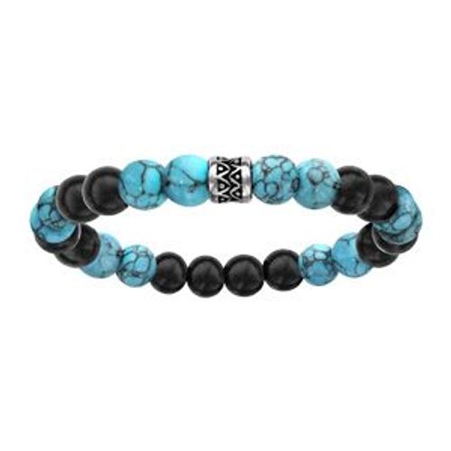 Bracelet Acier Extensible Perles Bois Noires Et Turquoise Imitation Motif Patiné