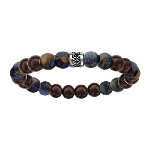 Bracelet Acier Extensible Perles Bois Et Quartz Marbrees Motif Patiné