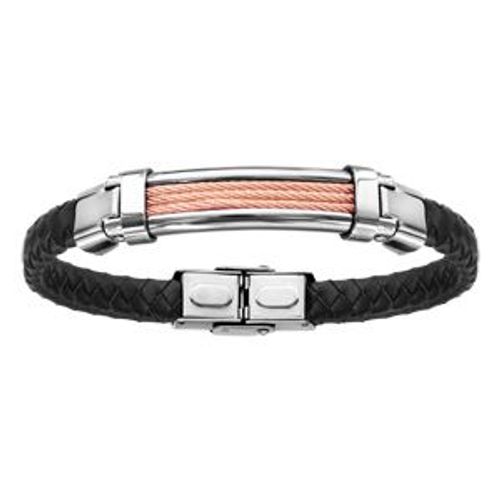 Bracelet Acier Et Cuir Bovin Noir Tresse 3 Rangs Câble Rose 21cm Réglable