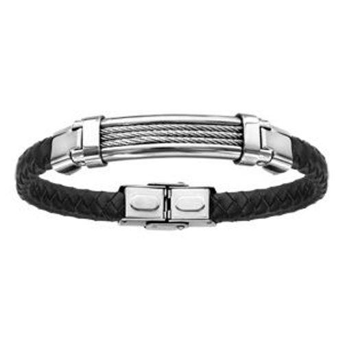 Bracelet Acier Et Cuir Bovin Noir Tresse 3 Rangs Câble Gris 21cm Réglable