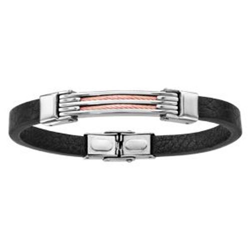 Bracelet Acier Et Cuir Bovin Noir 2 Rangs Câble Rose 21cm Réglable
