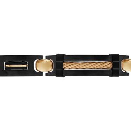 Bracelet Acier Et Pvd Noir Plaque Idd Gros Câble Pvd Jaune 22,5cm (Réglable En 21 Et 19 Cm) Triple Fermoir