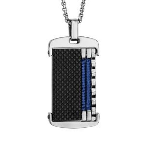 Collier Acier Pendentif Pvd Noir Avec Câble Bleu 50+5cm
