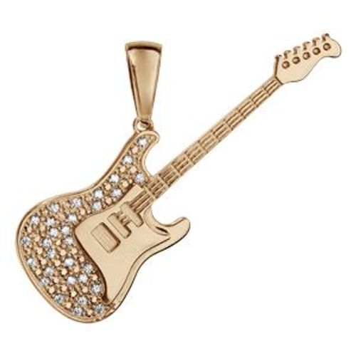 Pendentif Plaqué Or Et Oxydes Sertis Grande Guitare Rock 50mm
