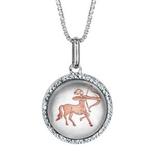 Collier Argent Rhodié Pendentif Rond Nacre Blanche Zodiaque Sagittaire Dorure Rose 42+3cm