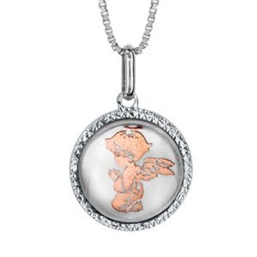 Collier Argent Rhodié Pendentif Rond Nacre Blanche Ange Dorure Rose 42+3cm