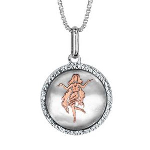 Collier Argent Rhodié Pendentif Rond Nacre Blanche Zodiaque Vierge Dorure Rose 42+3cm