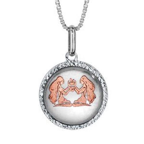Collier Argent Rhodié Pendentif Rond Nacre Blanche Zodiaque Gemeaux Dorure Rose 42+3cm