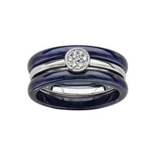 Bague Argent Rhodié Double Anneau Céramique Bleu Marine Et 1 Solitaire Oxydes Blancs Sertis Clos