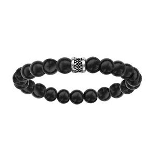 Bracelet Acier Extensible Perles Bois Noires Motif Patiné