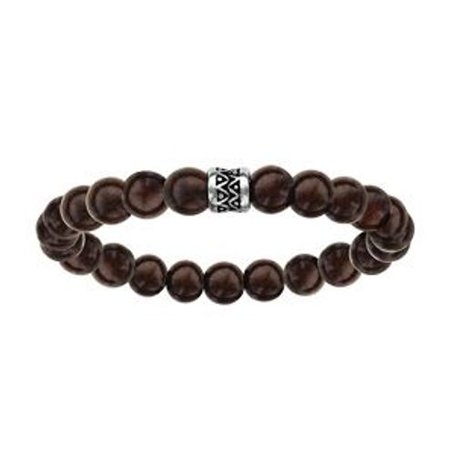 Bracelet Acier Extensible Perles Bois Marron Motif Patiné