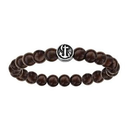 Bracelet Acier Extensible Boules Bois Marron Motif Ancre Marine