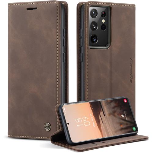 Caseme Coque Pour Samsung Galaxy S21 Ultra 5g Housse En Cuir Premium Pu Pochette Portefeuille Magnétique Etui De Protection Pour Samsung Galaxy S21 Ultra 5g 6.8 Pouce Café