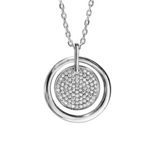 Collier Argent Rhodié Pendentif Cercle Rondelle Oxydes Blancs Sertis 42+3cm